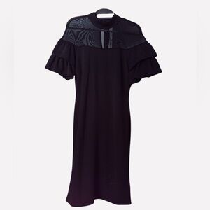 SUPERFOXX Elegant Black Midi Dress with Sheer Yoke and Ruffle Sleeves Size M